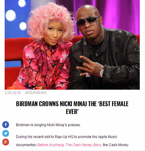 YMCMB大老板Birdman大赞自己的艺人Nicki Minaj为嘻哈界最棒的女人