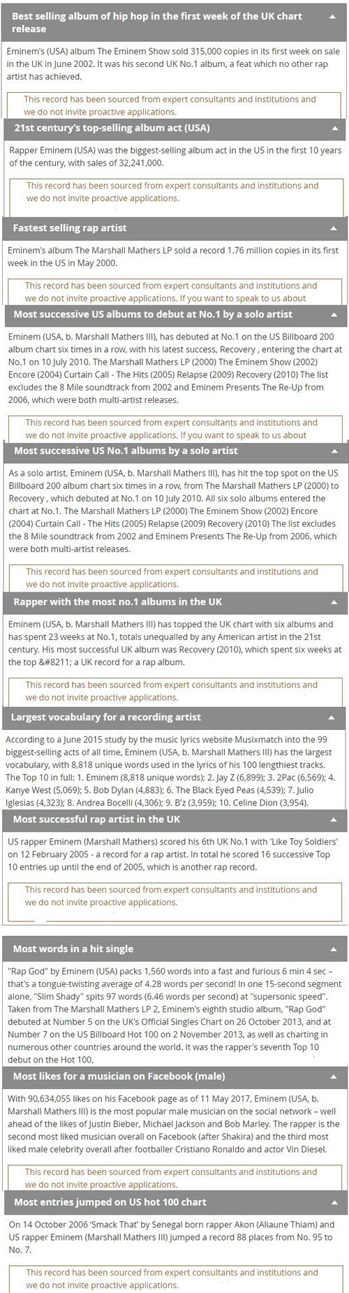 厉害了! 实际上Rap God Eminem拥有11个吉尼斯纪录 (详细列表)