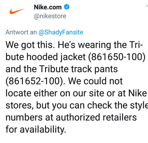 赶紧找起来买起来，Nike回复了Stan的问题..Eminem周末演出穿的衣服和裤子货号在这里