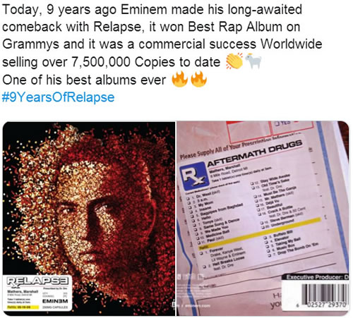 Rap God Eminem的Relapse专辑刚刚9周岁