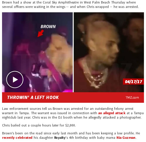 很不走运，Chris Brown被逮捕，目前已经保释，但愿没有大事。