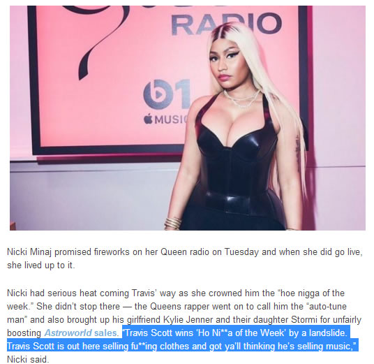 Nicki Minaj新专辑没有干过TRAVIS SCOTT，她很不满攻击他为“hoe nigga of the week.” 