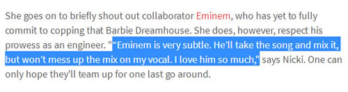 Nicki Minaj大爱她“老公”Eminem给她mix音乐