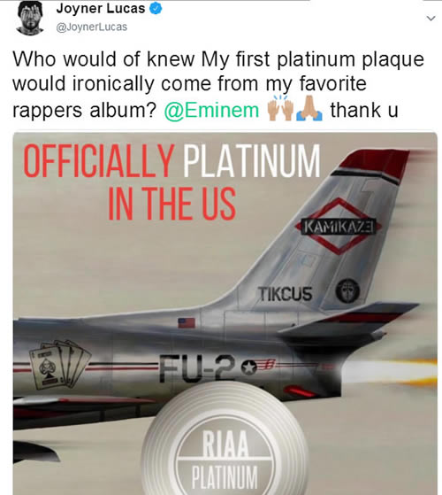 Eminem的KAMIKAZE专辑两个月不到已经被官方认证为白金