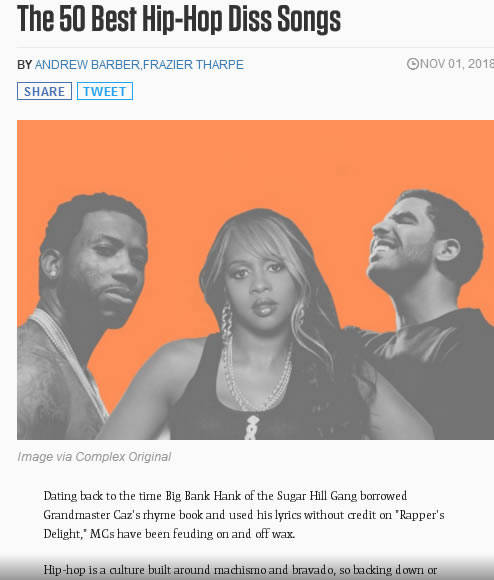 Complex评出了“The 50 Best Hip Hop Diss Songs”，不看榜单大家都会猜到第一名