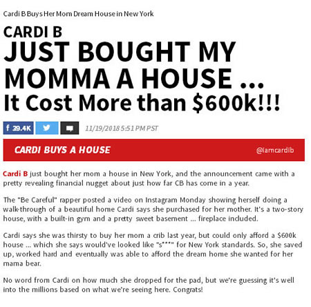 Cardi B花了很多钱为妈妈买纽约梦想房子