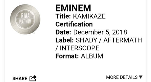 Eminem的Kamikaze本月5日被官方认证为白金