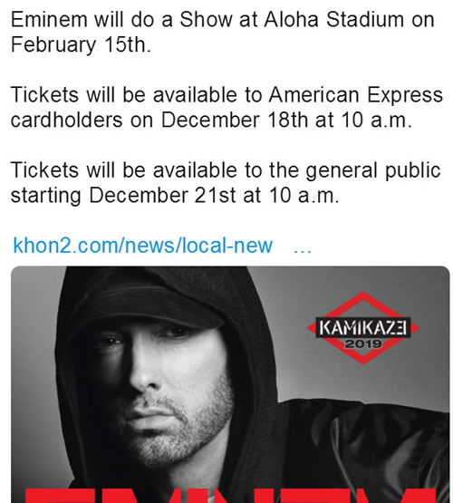 Eminem将在夏威夷搞事情..注意抢票...