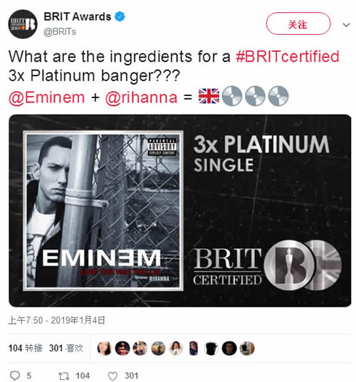 英国人民爱戴Eminem和Rihanna..超级单曲认证3白金