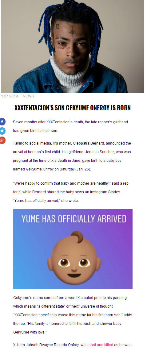 后继有人，XXXTentacion的儿子出生了