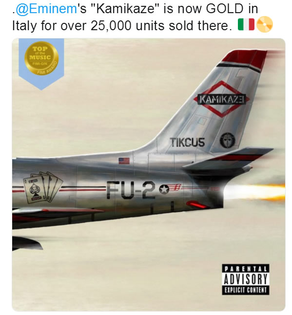 Eminem的Kamikaze专辑在意大利也被认证为金唱片