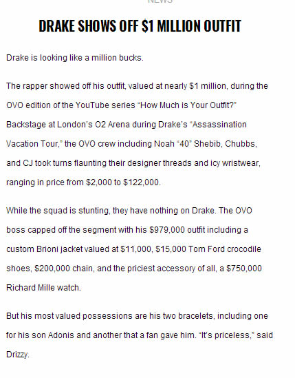 Drake这一身的穿戴达到了100万美元