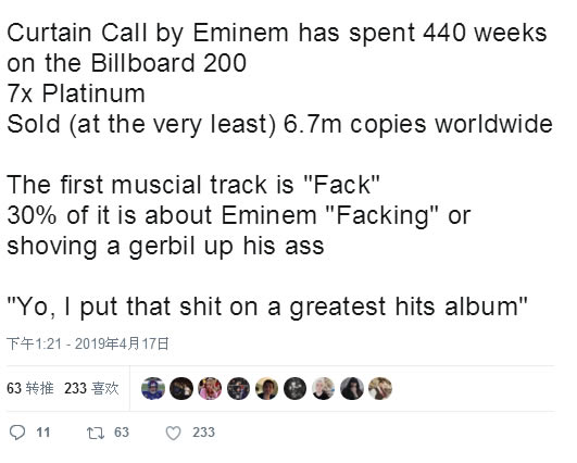 Eminem的Curtain Call专辑魔力，本周榜单表现继续上升