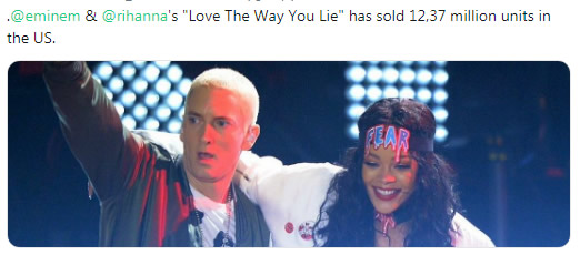 GOAT!! Eminem和Rihanna的单曲Love The Way You Lie美国地区销量创新高.. 