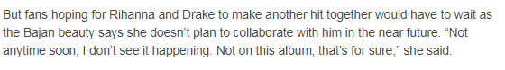 如果你在期待Drake和Rihanna的新合作，RiRi最新采访告诉你答案