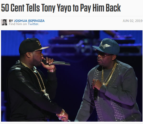 50 Cent最近一直在讨债，最新对象是他之前G Unit成员Tony Yayo