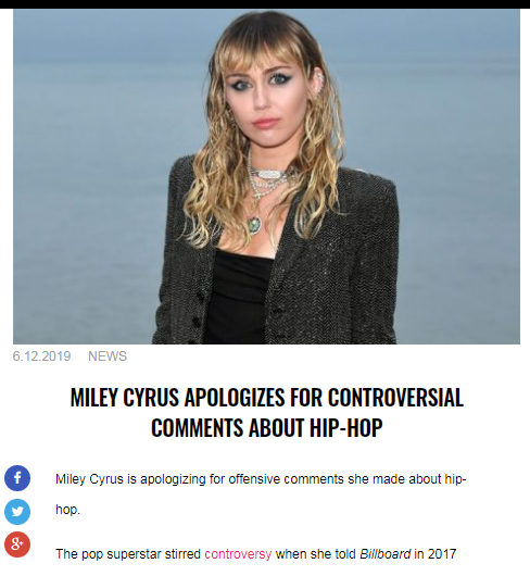Miley Cyrus为几年前对HipHop不敬言论道歉：I fucked up