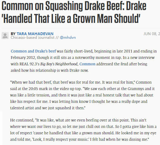 Common首谈8年前和Drake的Beef冰释前嫌内幕