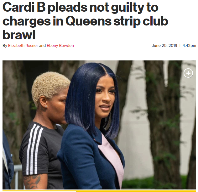Cardi B昨天出庭，对于去年酒吧里面的打架事件的起诉不认罪..  