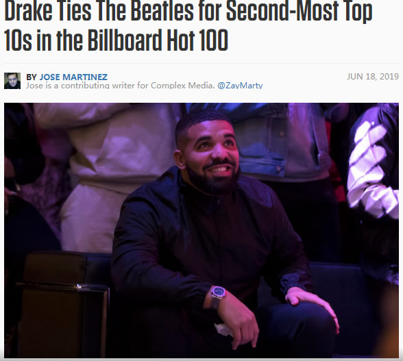 Drake成为Billboard历史上第二多拥有Top 10单曲，平了披头士乐队