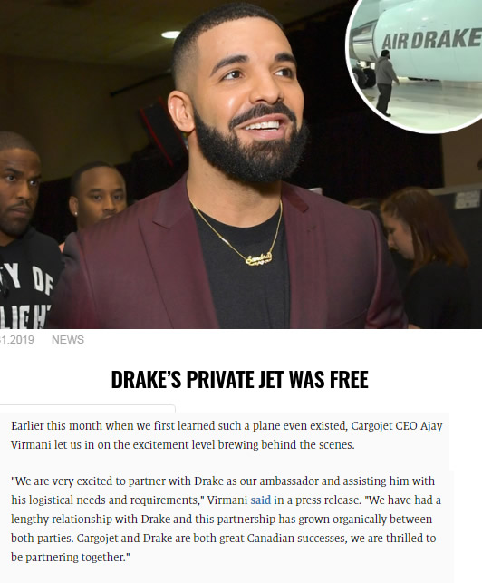 Drake的14亿私人飞机是别人送的..不开玩笑