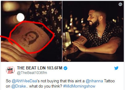 Drake手臂上那个纹身是不是Rihanna？