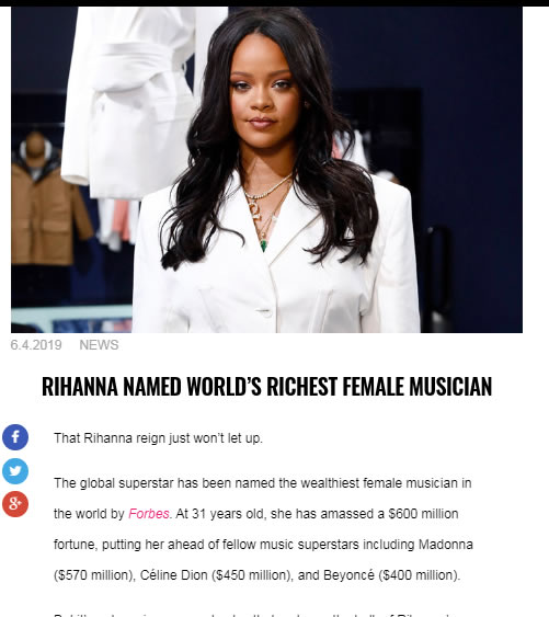 Rihanna成为全球最有钱的女艺人..靠的不是音乐而是这个..