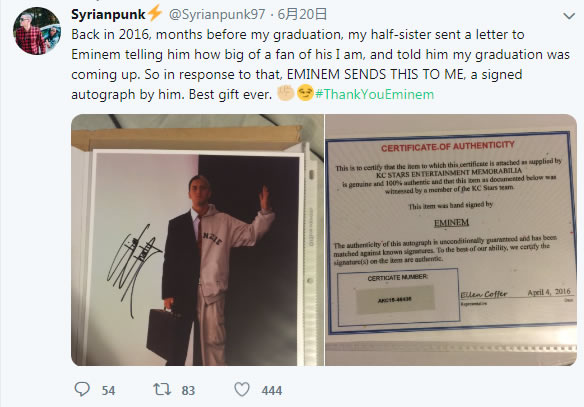 现实版幸运Stan， 一名叫Syrianpunk的Stan在推特上分享他拿到阿姆亲笔签名的故事