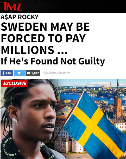 如果A$AP Rocky在瑞典无罪，瑞典政府得支付Rocky上百万美元..  