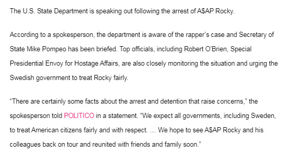 美国国务院已经介入ASAP Rocky瑞典被逮捕事件 