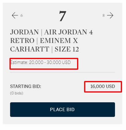 Eminem x Carhartt x Air Jordan 4 超级限量版球鞋拍卖中，起拍价11万 