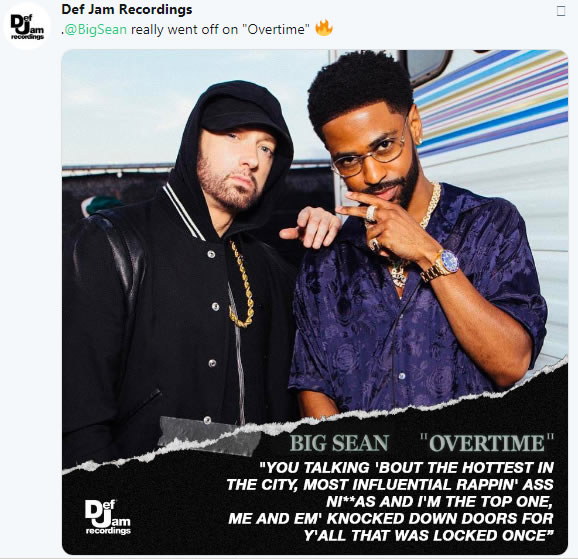 Eminem的底特律老乡Big Sean新歌Overtime里面这样shoutout了阿姆