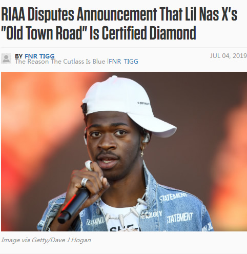 RIAA澄清，Lil Nas X的热歌Old Town Road目前还没有到钻石单曲认证标准