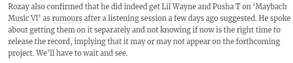 Rick Ross确认Lil Wayne和Pusha T在歌曲Maybach Music VI上，但两人还不知道这事