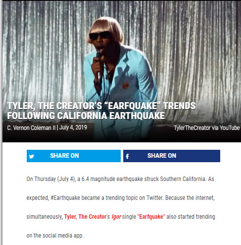 加州地震了，Tyler,The Creator单曲Earfquake 热搜