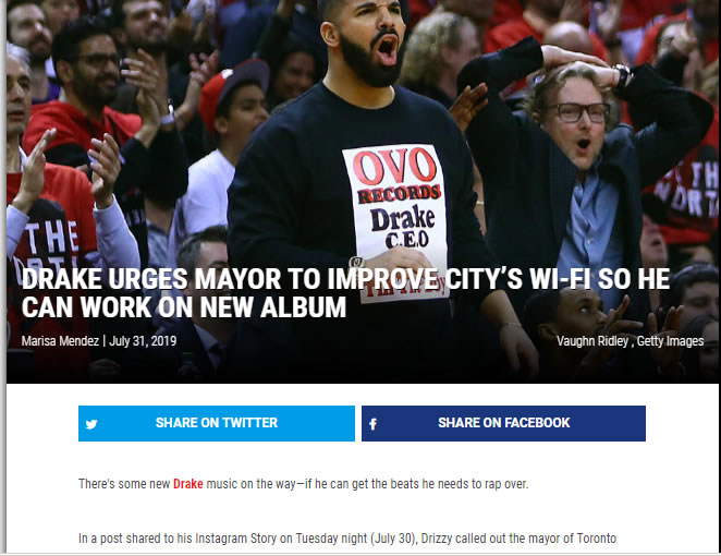 很急!!! Drake催促市长赶紧把Wifi弄弄好，他要做新专辑了.. 
