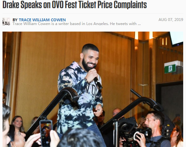 Drake回应歌迷对2019年OVO音乐节高票价抱怨..