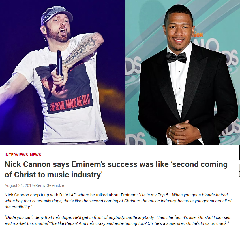 Eminem的老对手/玛丽亚凯莉前夫Nick Cannon这样评价阿姆： 就像基督二次降临