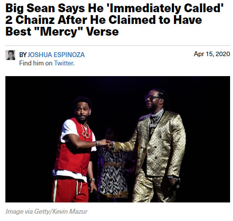听到2Chainz说他在歌曲Mercy的verse最牛，Big Sean马上打电话给他