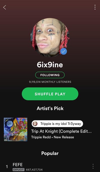 6ix9ine的Spotify页面被黑客，换上竞争对手Trippie Redd照片