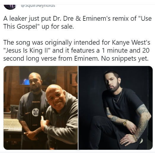 很遗憾，Kanye West和Eminem合作歌曲 Use This Gospel Remix泄漏 