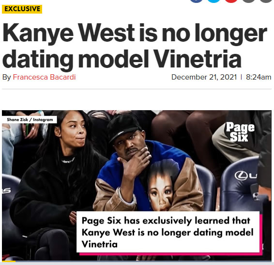 Kanye West和模特Vinetria分手