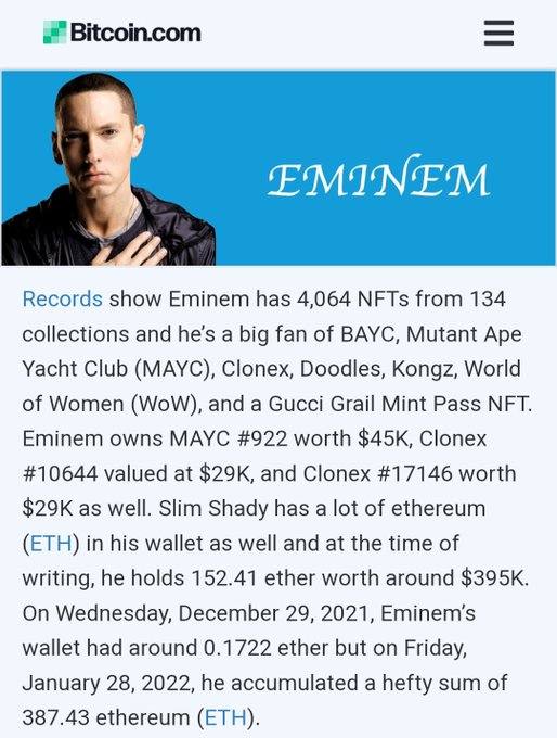 Eminem已拥有了许多不同的数字货币和NFT