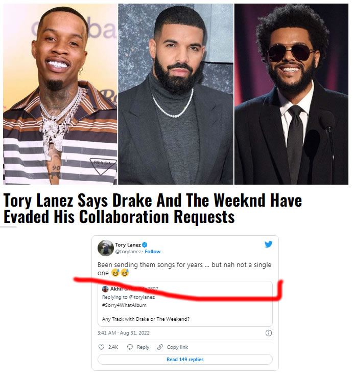 Tory Lanez说，Drake和The Weeknd都回避和他合作..