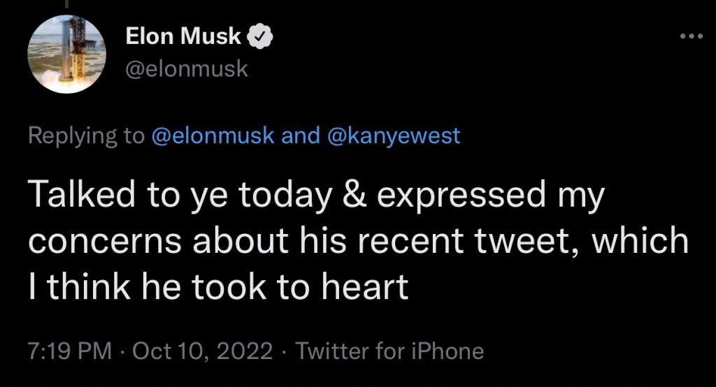 马斯克：今天和Kanye聊了下，关于他最近在推特上的发言