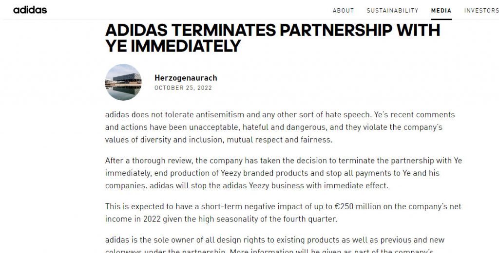 官方：adidas不再和Kanye合作