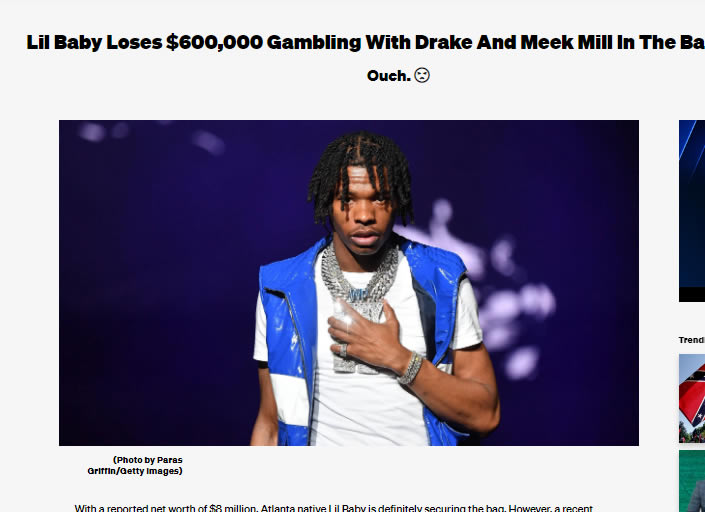Lil Baby输钱了，输给了Drake和Meek Mill 60万美元