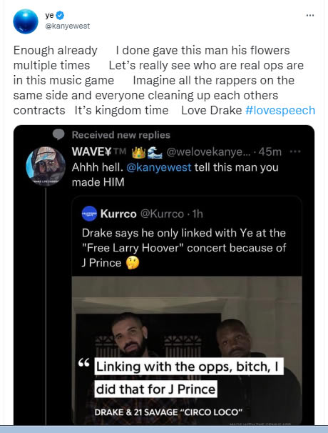 Kanye回应“Drake新歌提到和他的复合”: 足够了