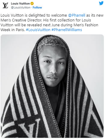 Pharrell成为路易威登时装的男装创意总监<br>接替已故的Virgil Abloh工作