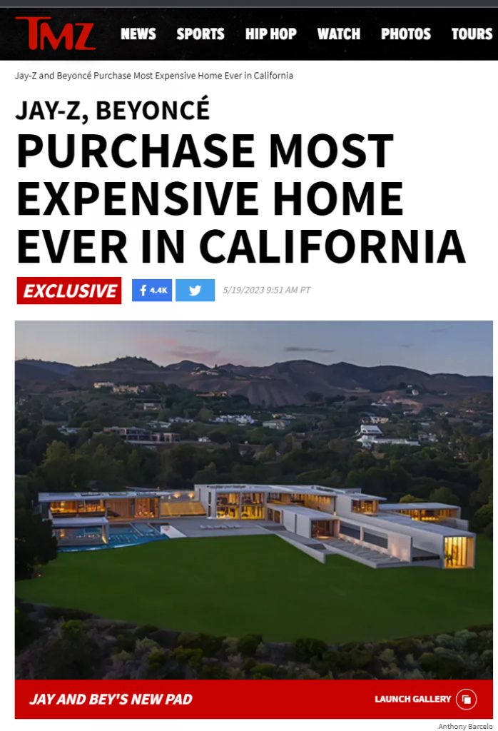 Jay Z和Beyonce拿下加州最贵豪宅，2个亿美元